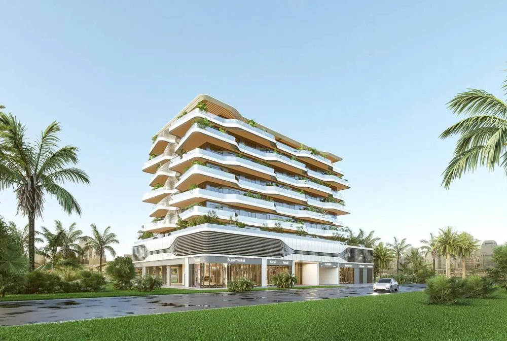 Full building render with retail podium and curved balconies
