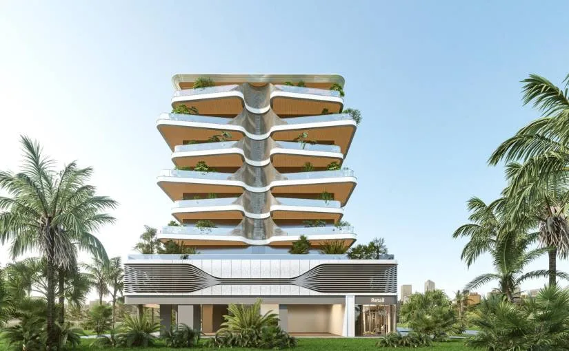 Front elevation render with wavy white balconies and retail