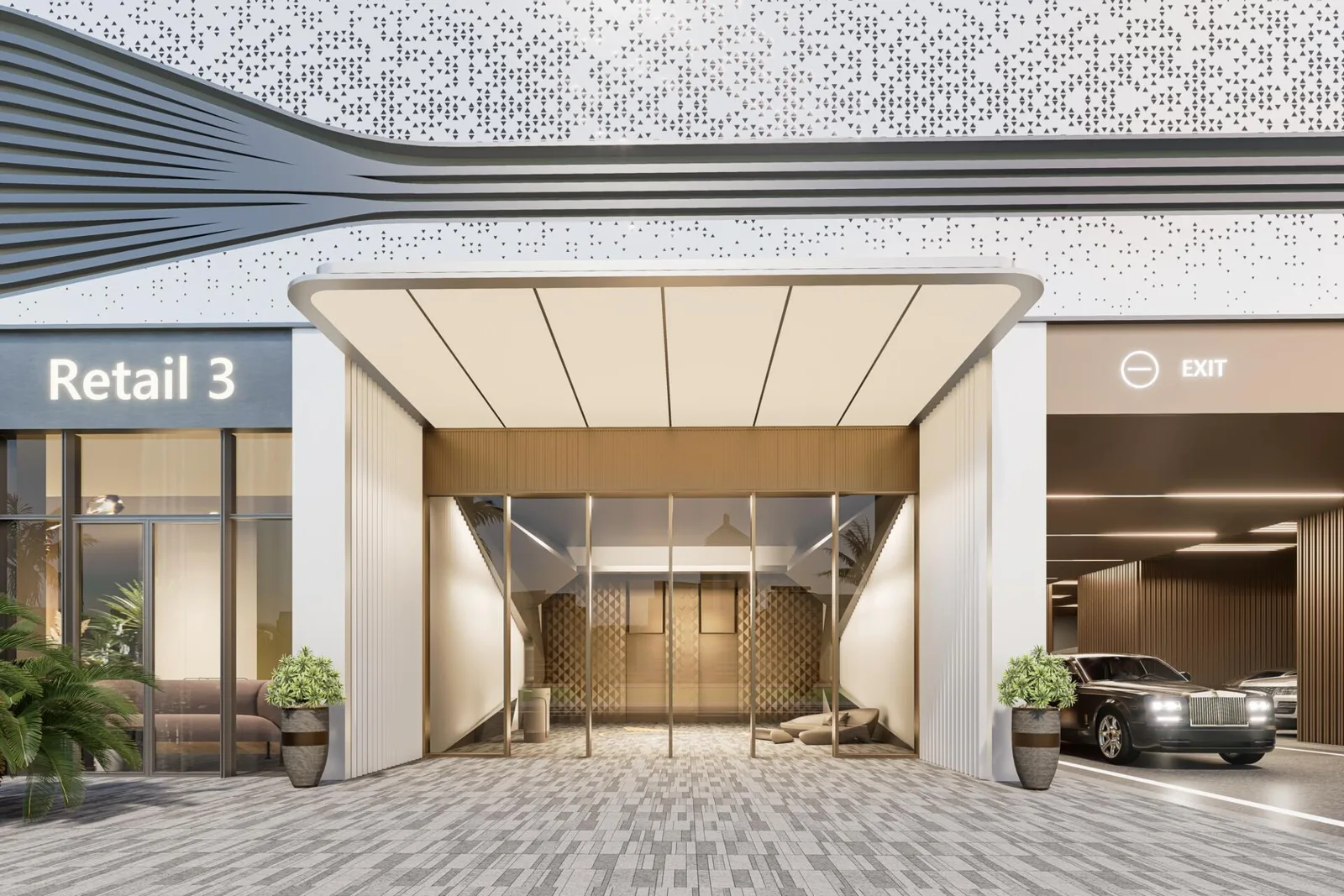 Entrance canopy with Retail 3 signage and parking exit