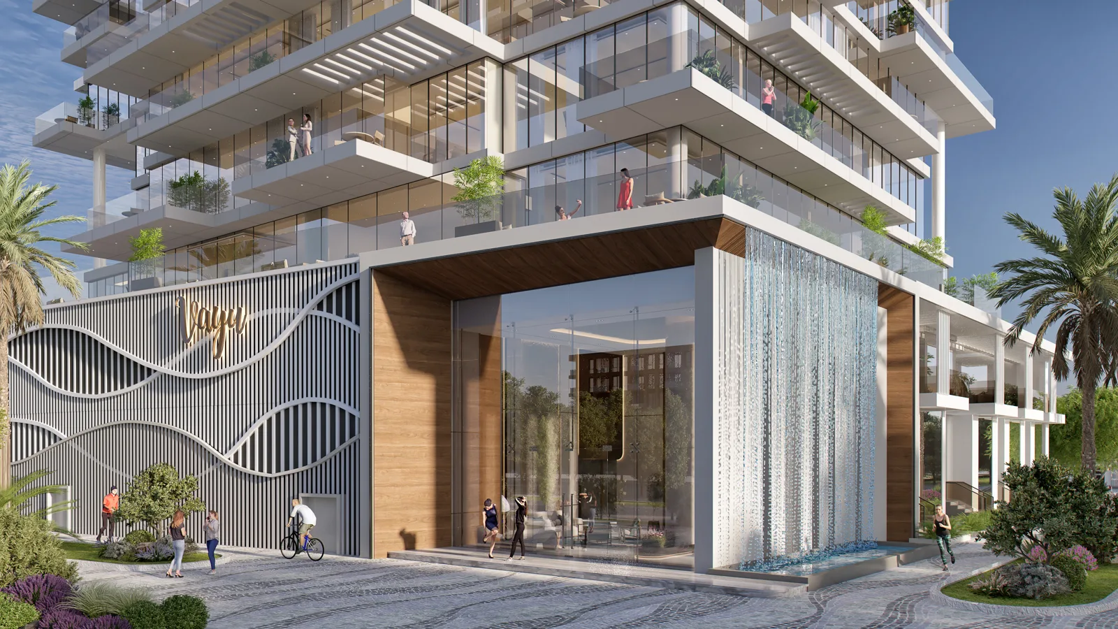 Podium entrance with wavy Vayu facade and waterfall