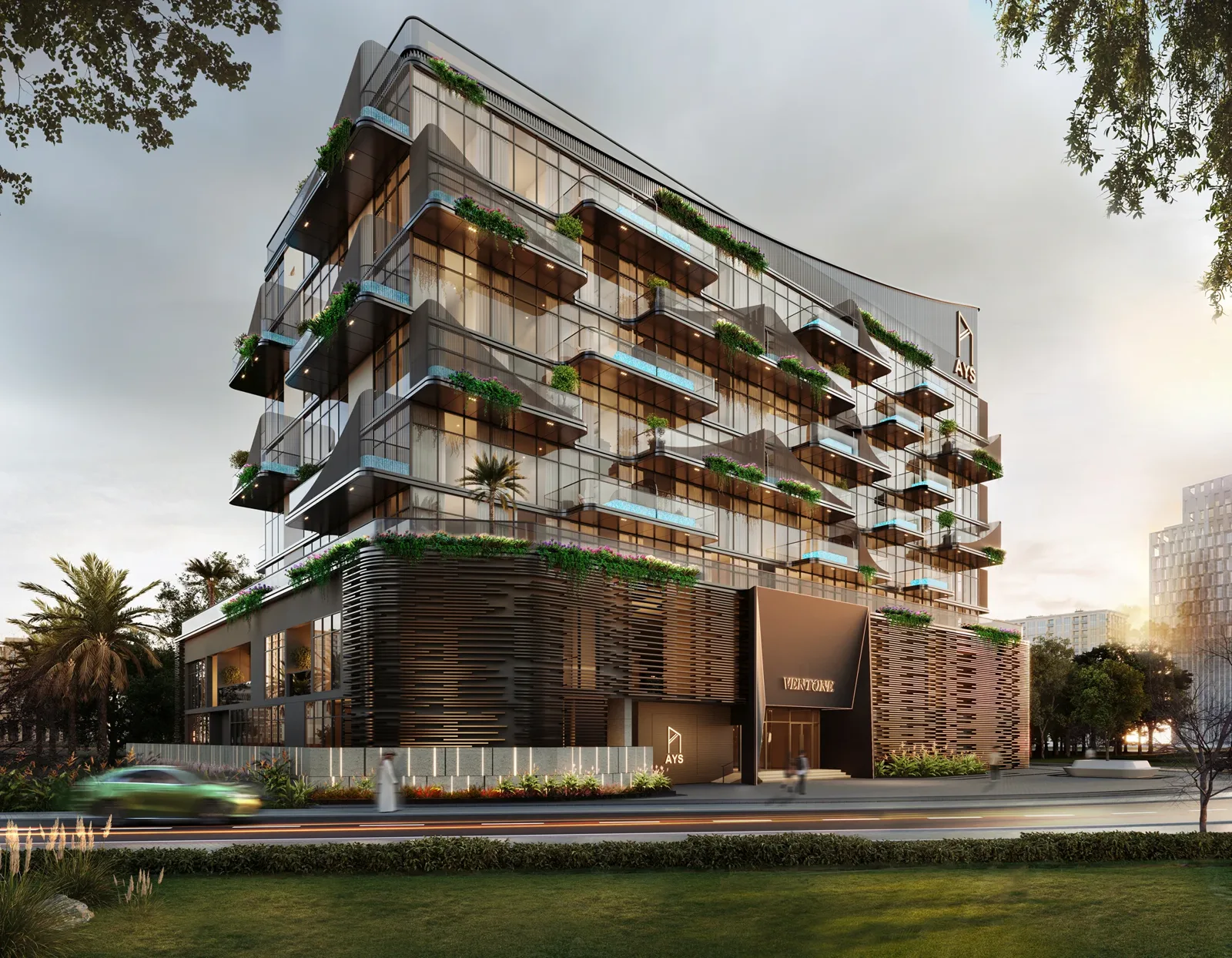 Full building render with balcony pools and entrance