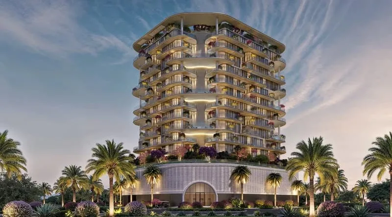 Full tower with white podium and palms