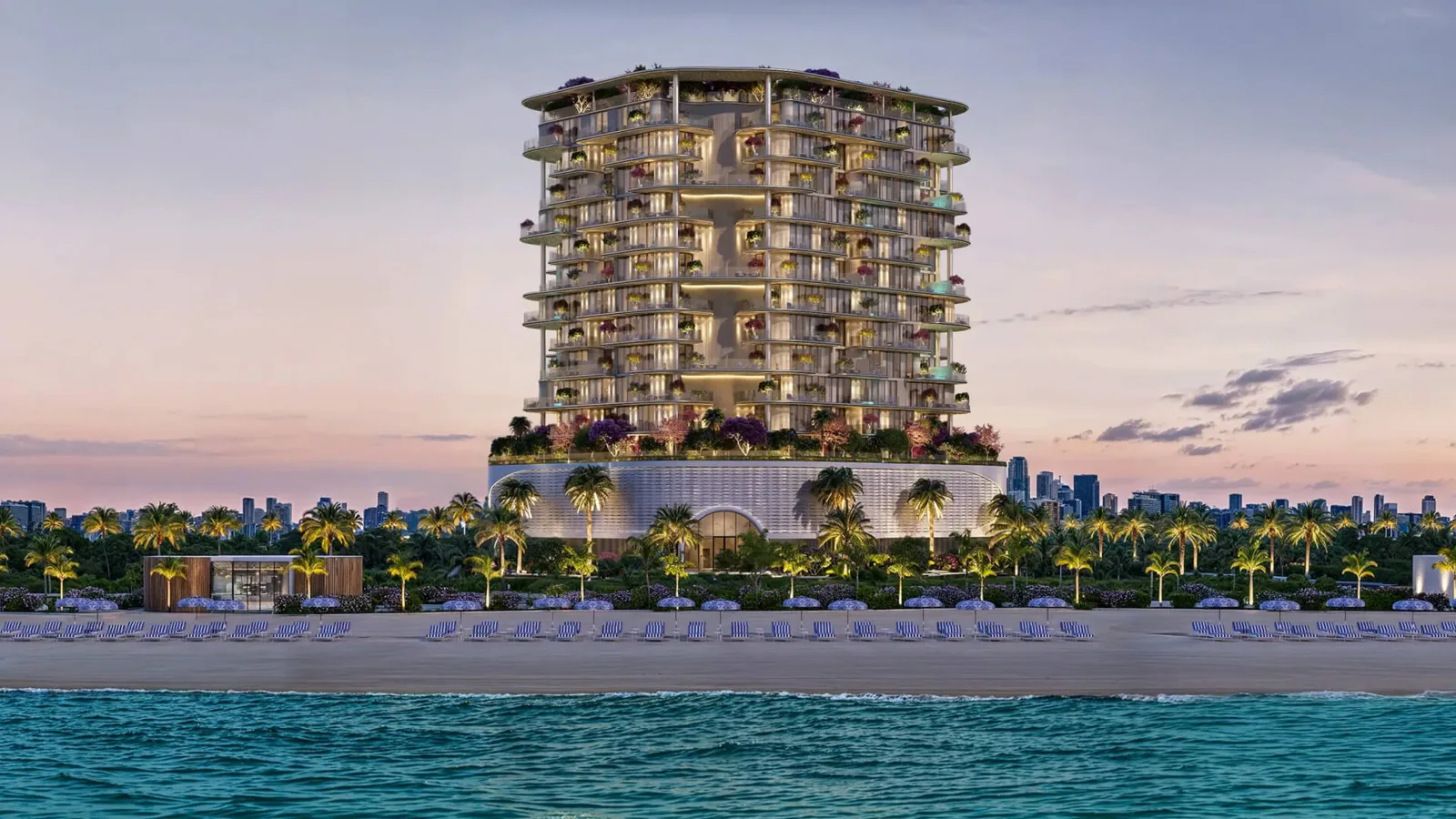 Tower and beachfront podium at dusk
