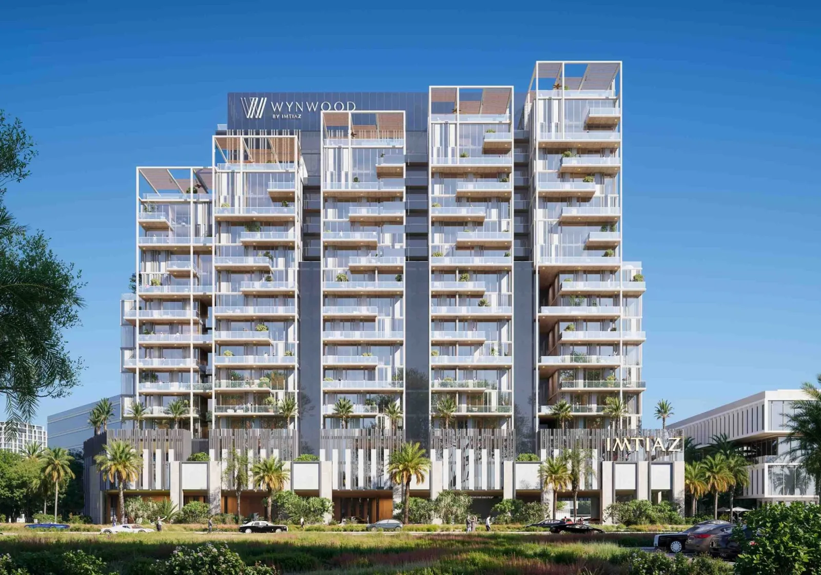 Front render of the stepped five-tower facade