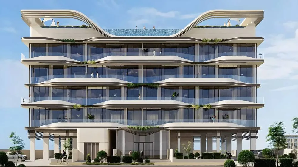 Front elevation render with rooftop infinity pool