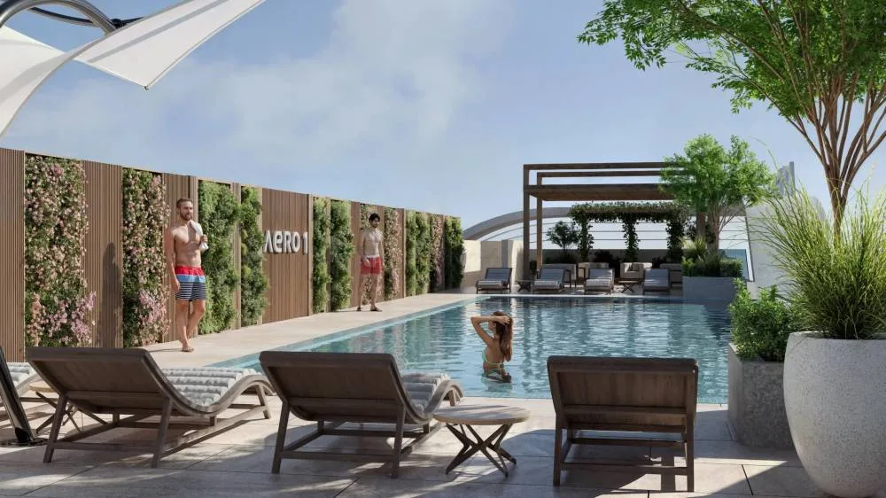 Rooftop pool with Aero 1 signage wall