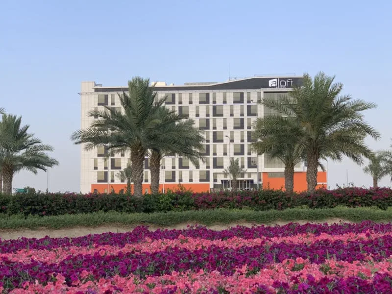 Aloft building seen through palms and flowers
