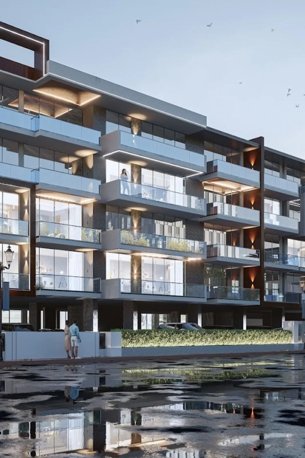 Street-level render of balconies and landscaped frontage