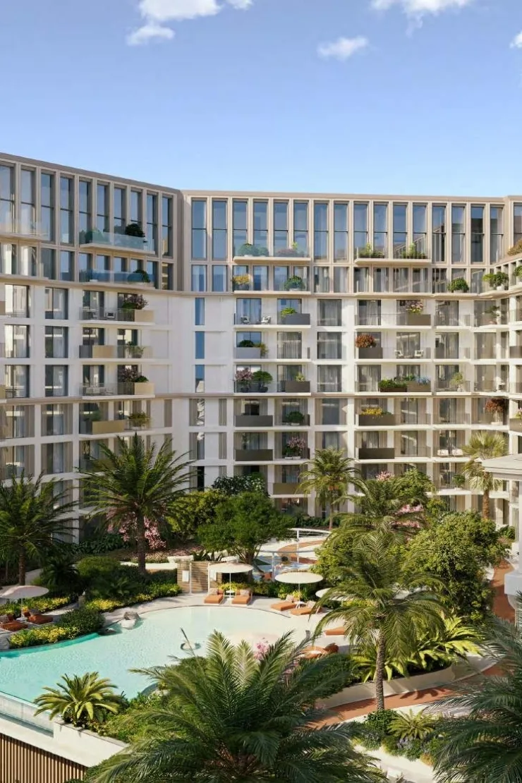 Developer render of curved facade above pool and gardens