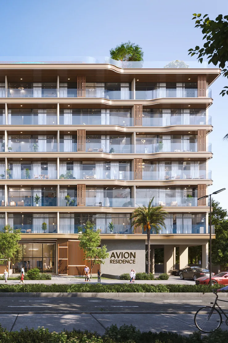 Developer render of facade with Avion Residence signage