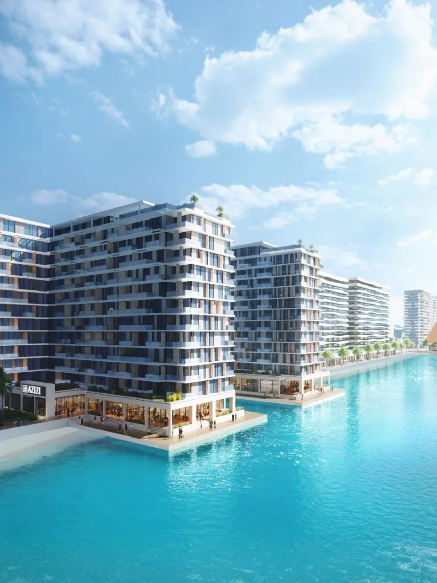 Developer render of Azizi Venice waterfront blocks on lagoon