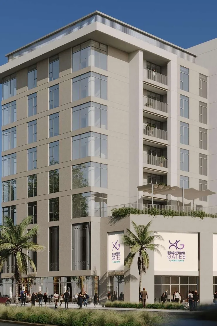 Street-level render of mid-rise with Beachfront Gates signage