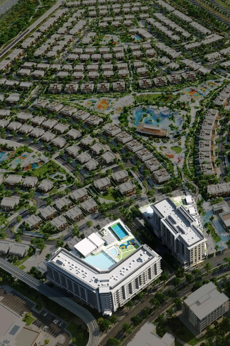 Aerial render of building with rooftop pool deck