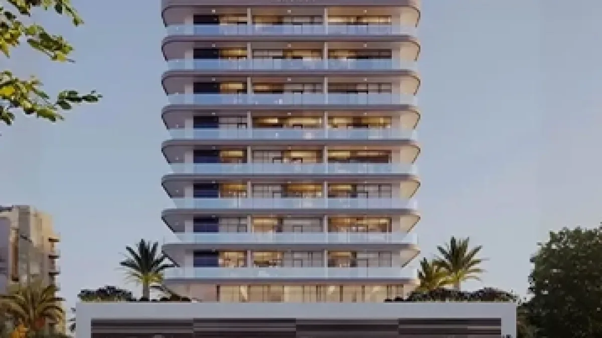 Render of curved glass balconies and podium planting