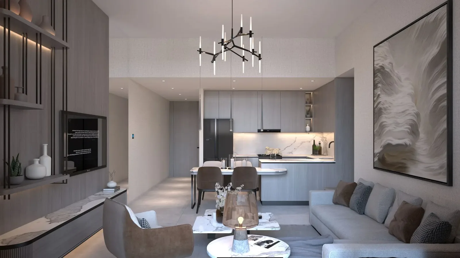 Render of a living and kitchen interior