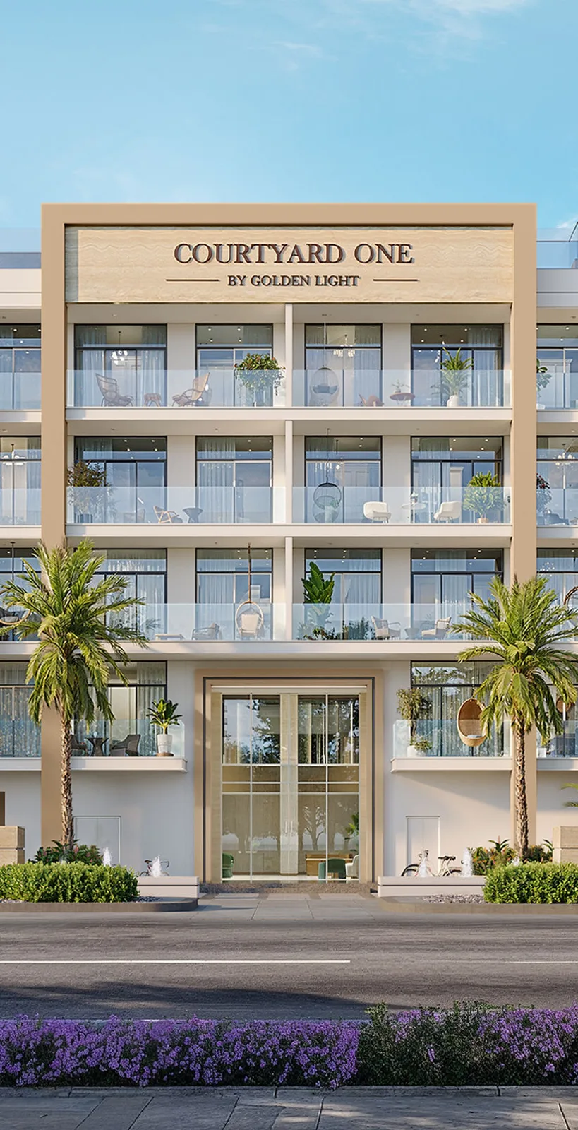Front entrance and lower balconies with project name