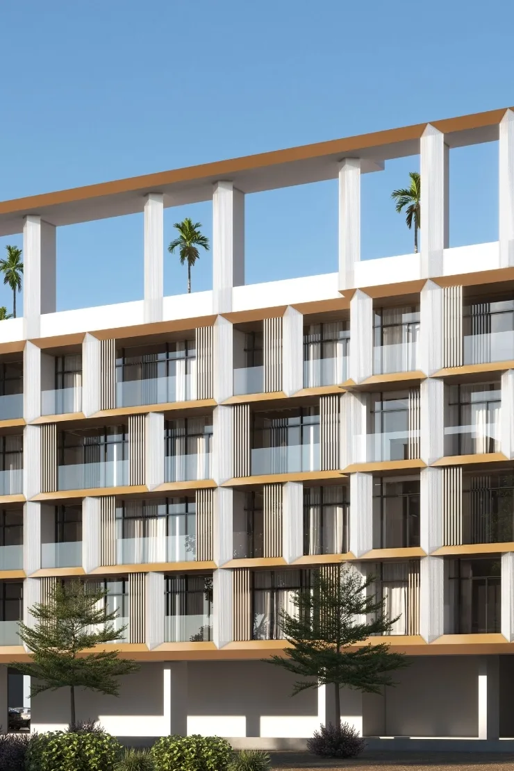White fins, gold-edged balconies, rooftop pergola with palms