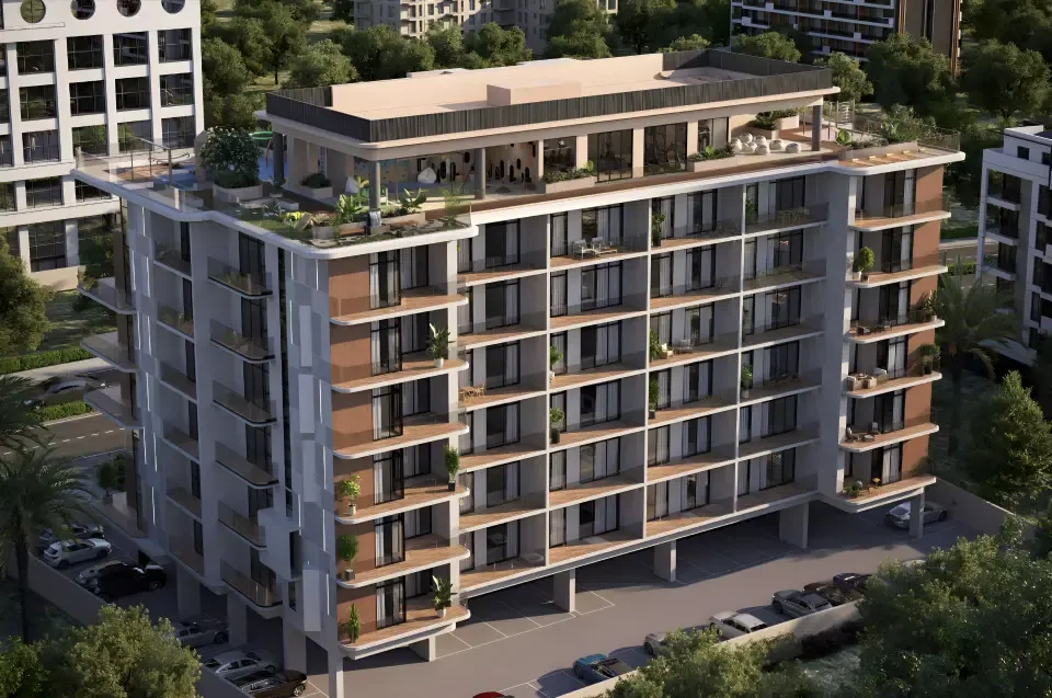 Aerial render of mid-rise with timber-toned balconies and rooftop terrace