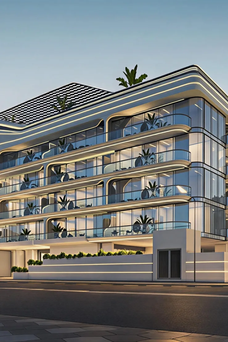 Street view of the curved balconies with lit edges