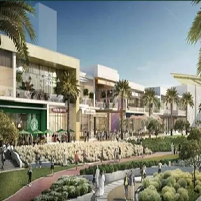 Render of mall retail frontage with landscaped park