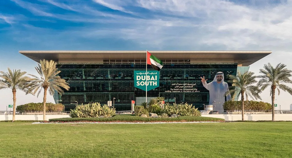 Front of Dubai South HQ with overhanging roof