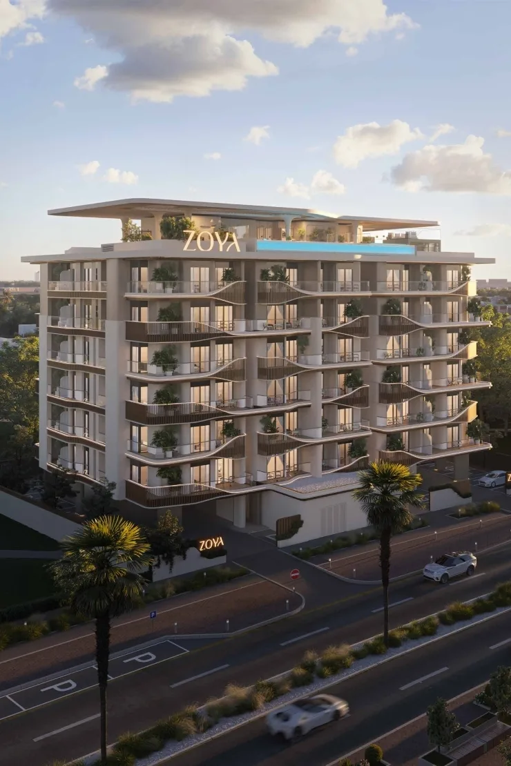 Full-height Elinor render with rooftop pool and ZOYA signage