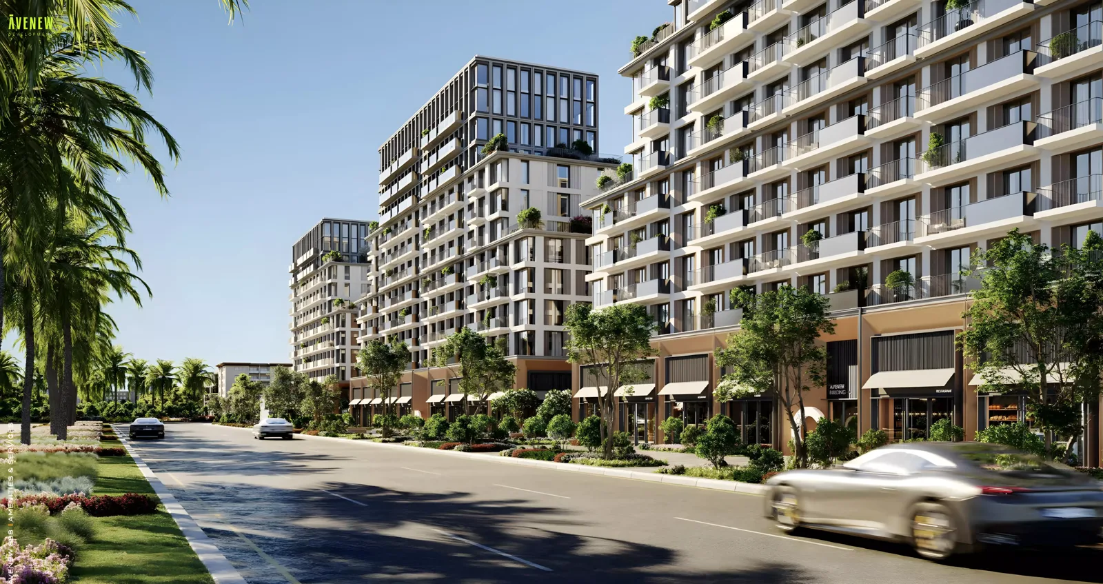 Developer render of mid-rise apartment blocks with ground-floor retail