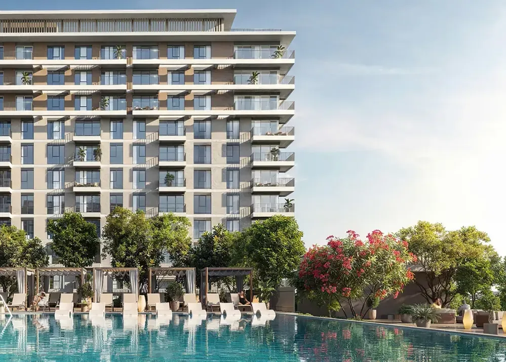 Mid-rise apartment block above the pool deck