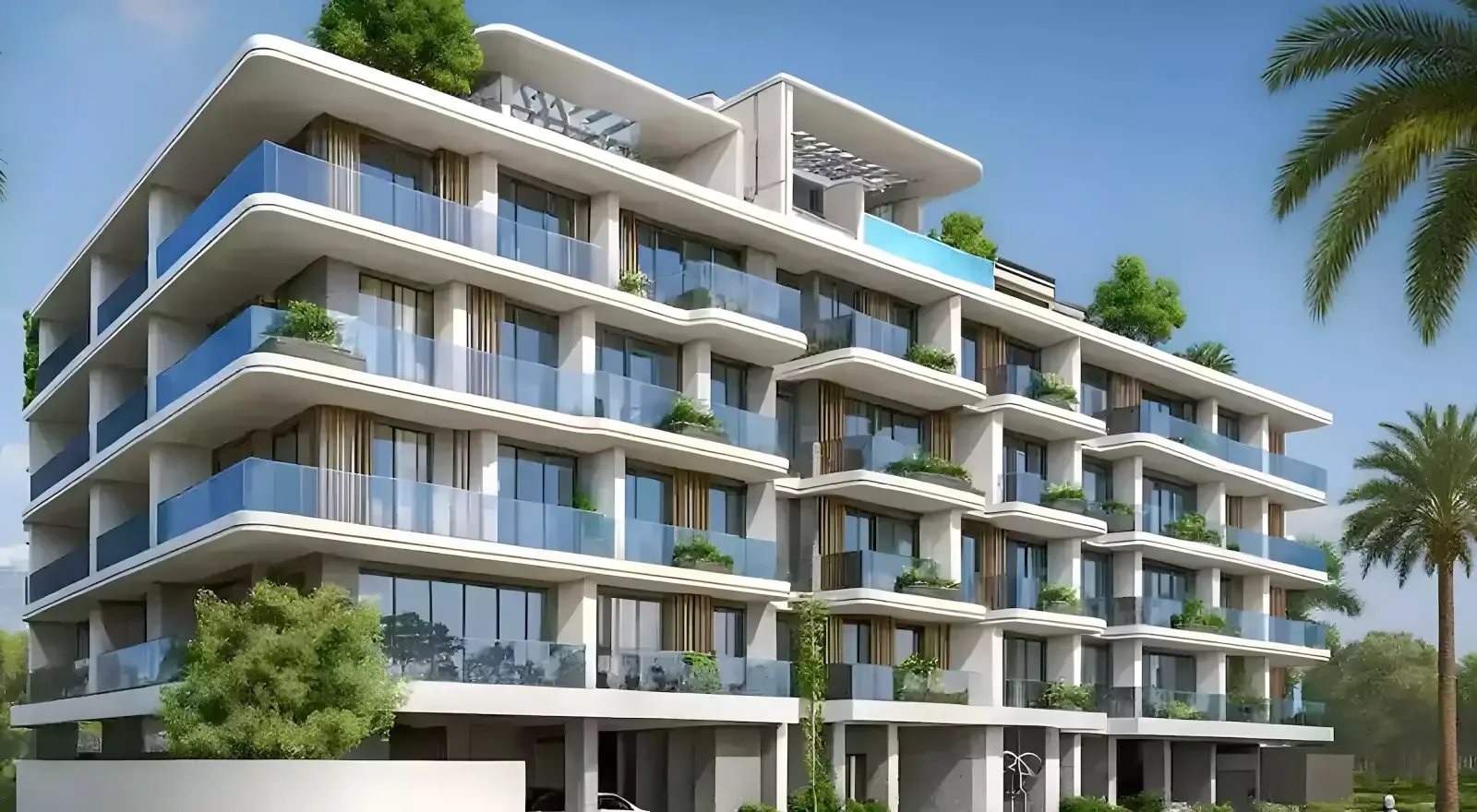 Developer render, white curved balconies with blue glass