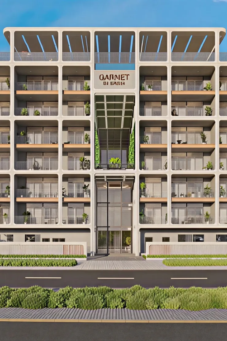 Front facade with central entrance and rooftop pergola