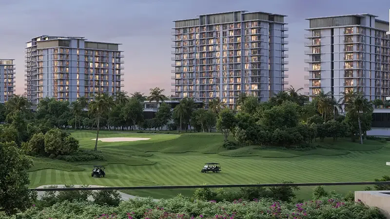 Golf Dale towers overlooking the golf course at dusk