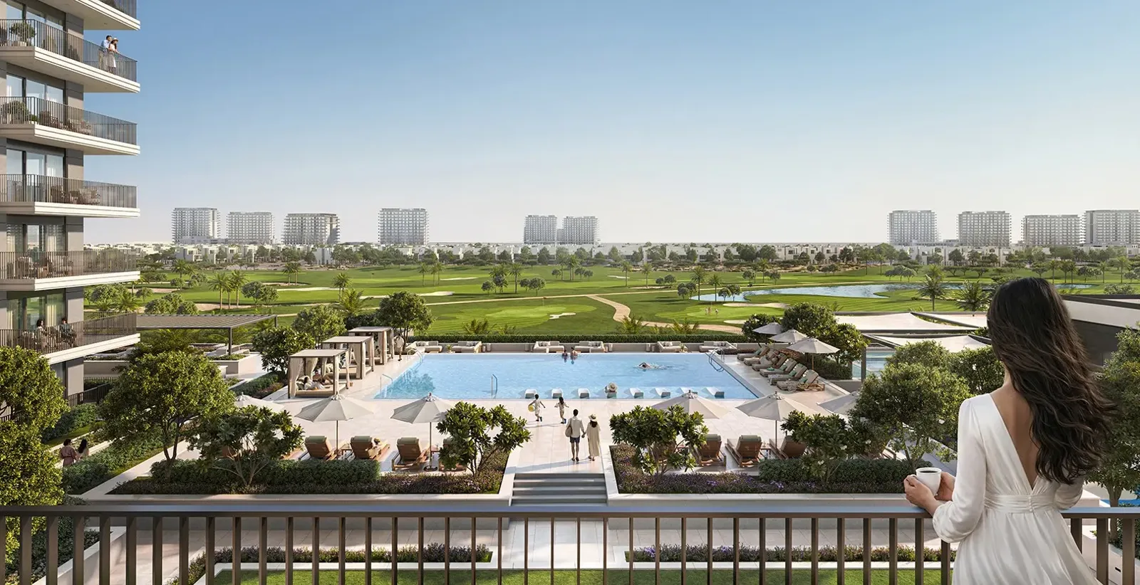 Podium pool deck with golf course views from balcony