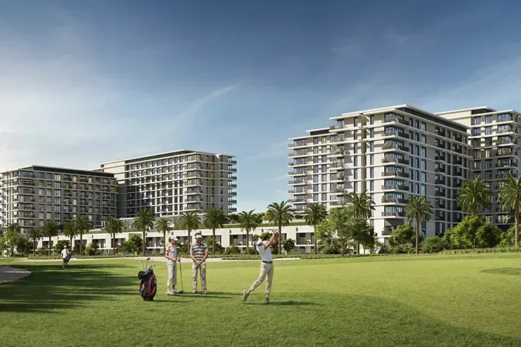 Developer render of apartment blocks beside golf course