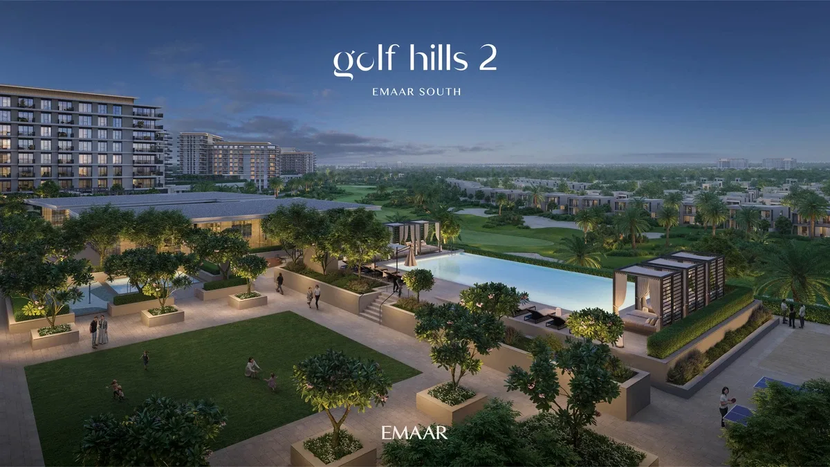 Pool terrace with apartment blocks, Golf Hills 2 title