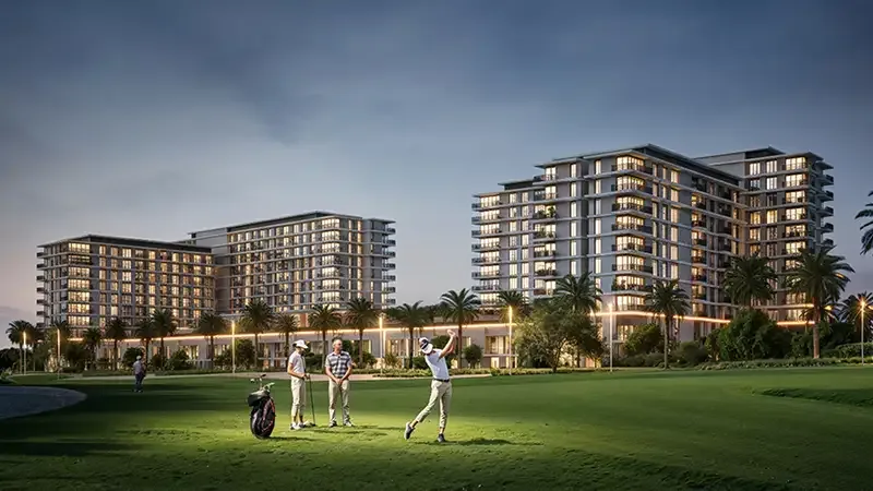 Golf Hills blocks at dusk over the golf course