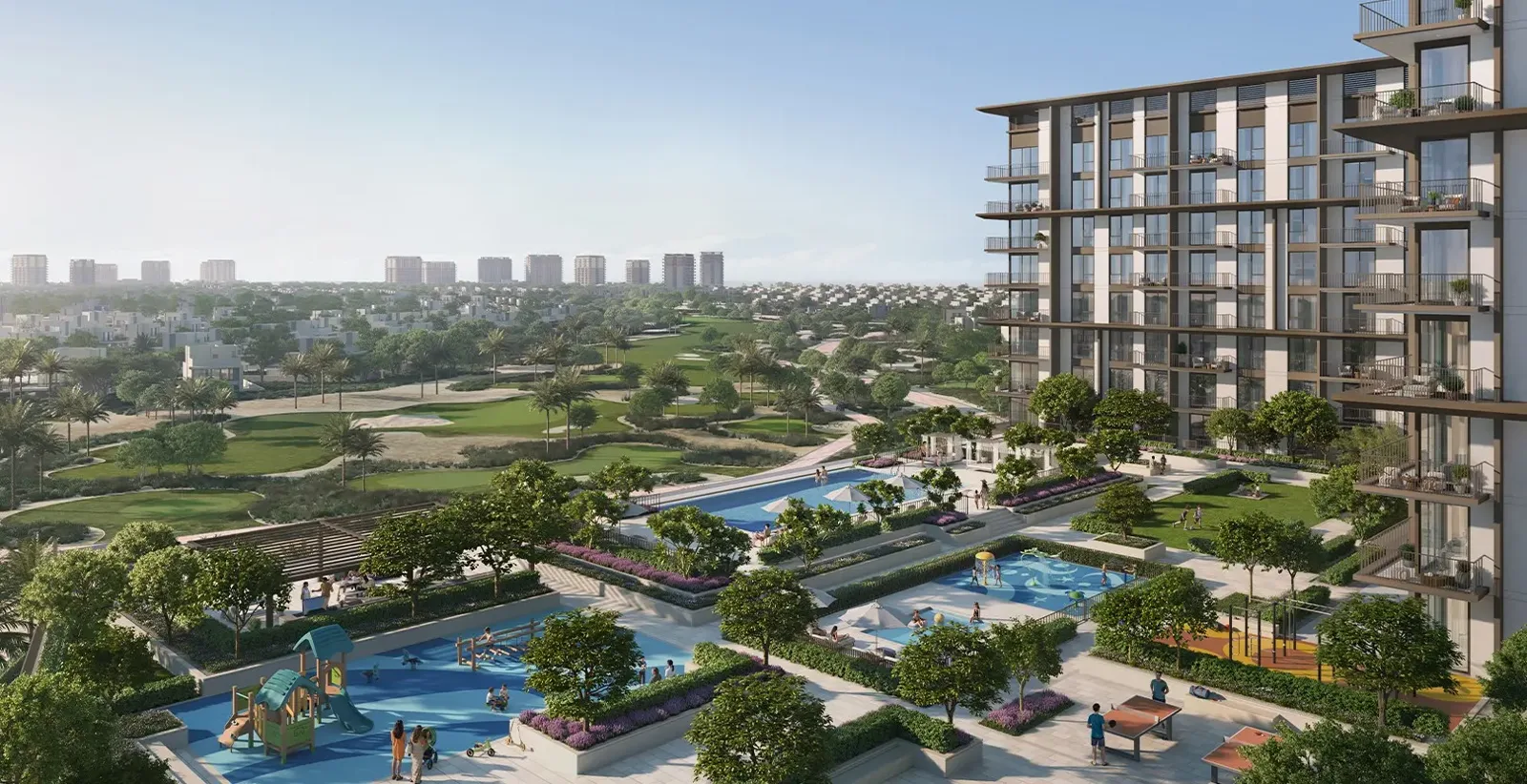 Apartment block over pools and golf course