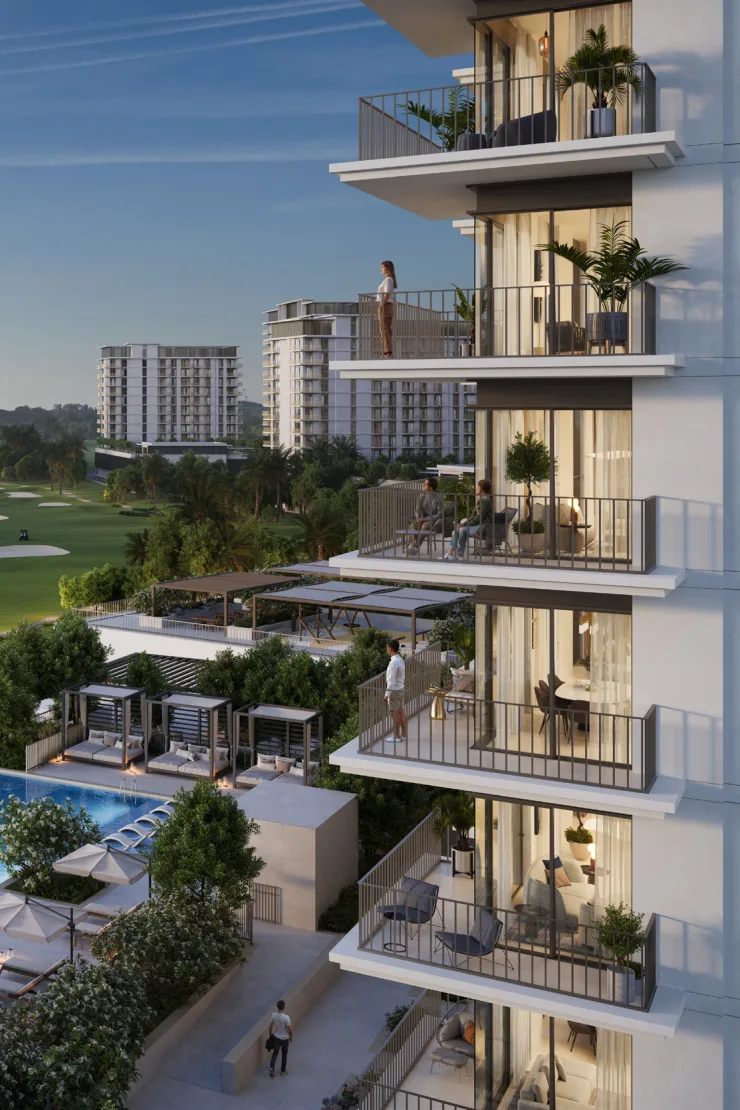 Tower balconies above pool deck and golf course