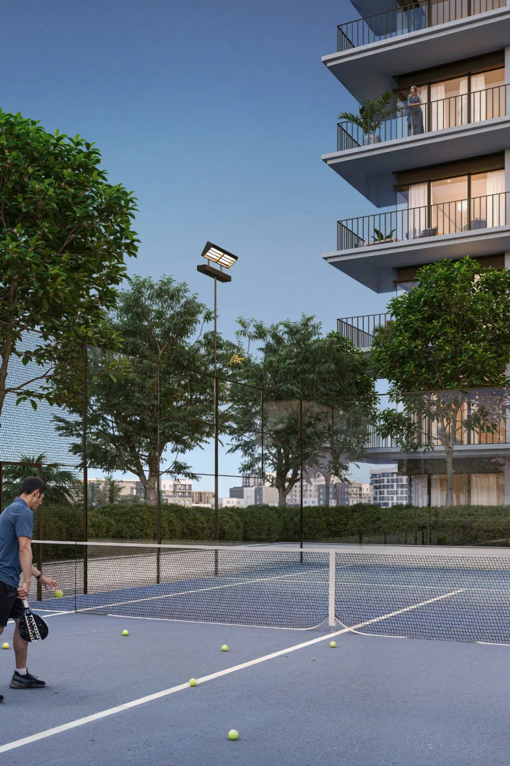 Padel court beside the tower's balconies