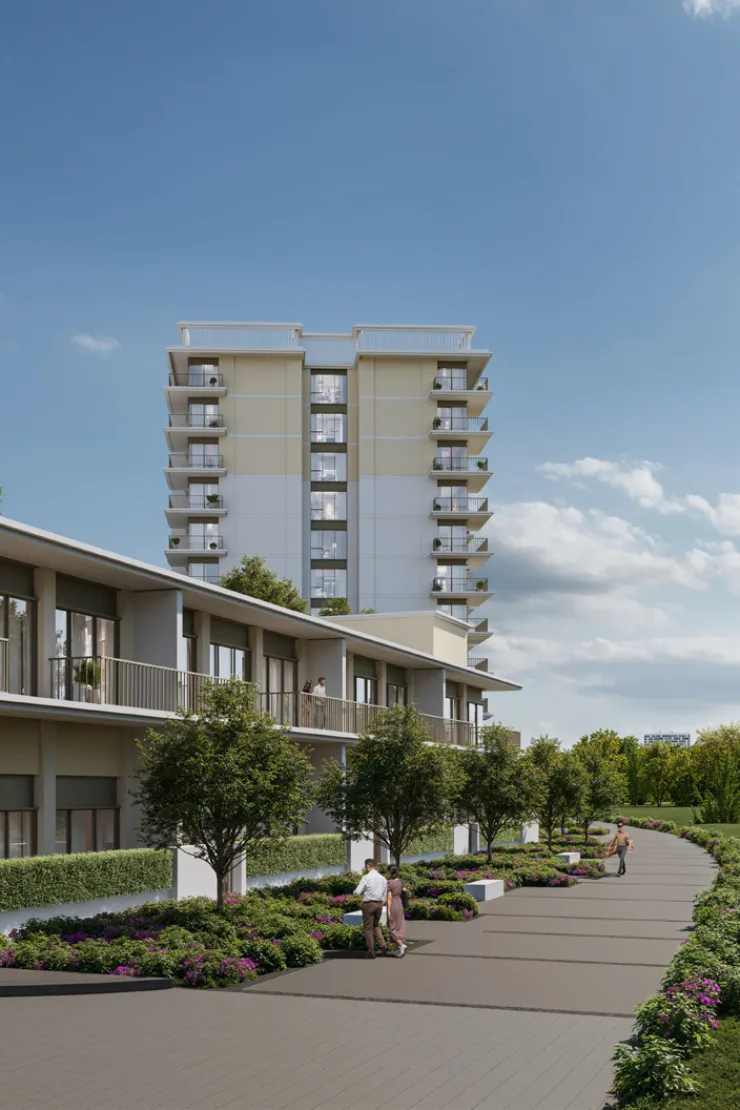 Project picture: Golf Verge. Developer render of tower above landscaped walkway