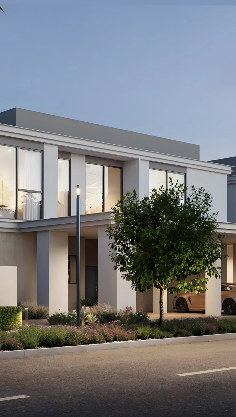 Two-storey townhouse facade with carport at dusk