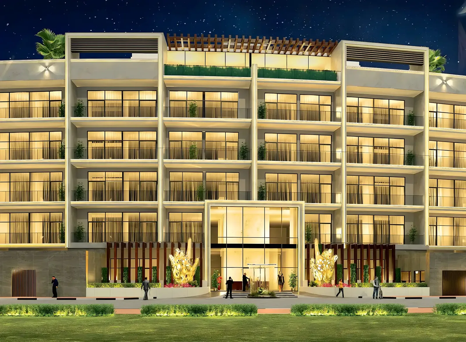 Close night render of entrance and balconies