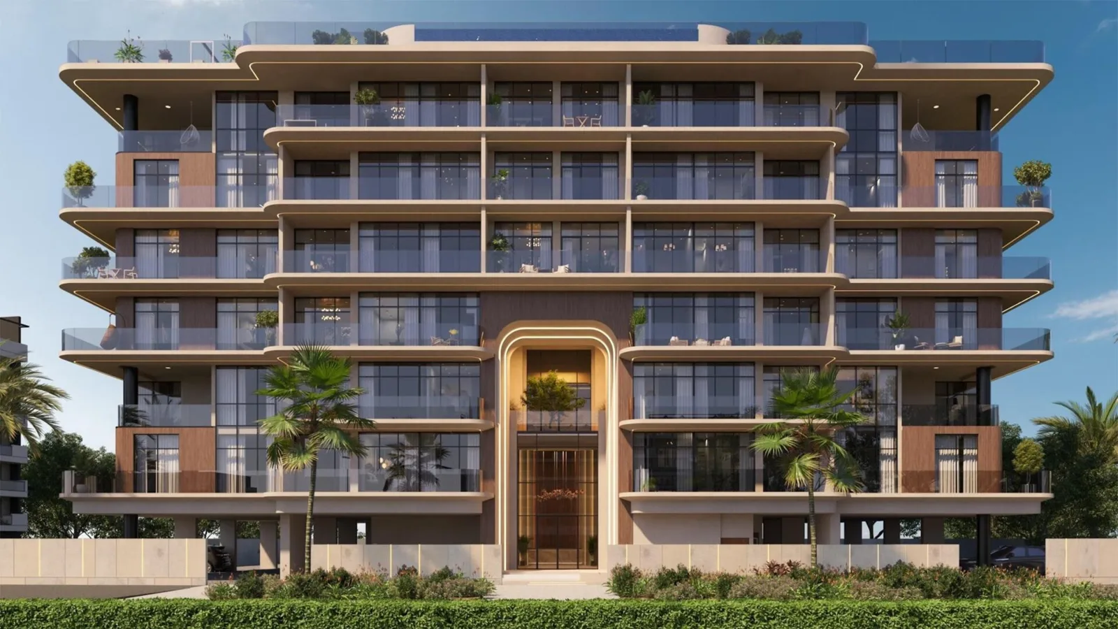 Front facade render with arched entrance, full height