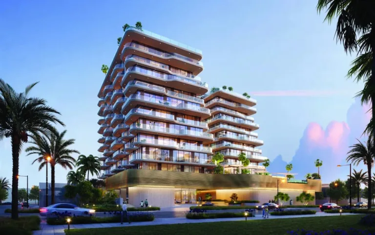 Terraced tower with curved wood-soffit balconies