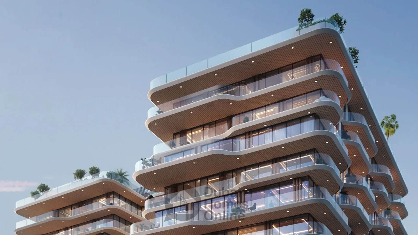 Curved timber balconies and rooftop planting, upper floors
