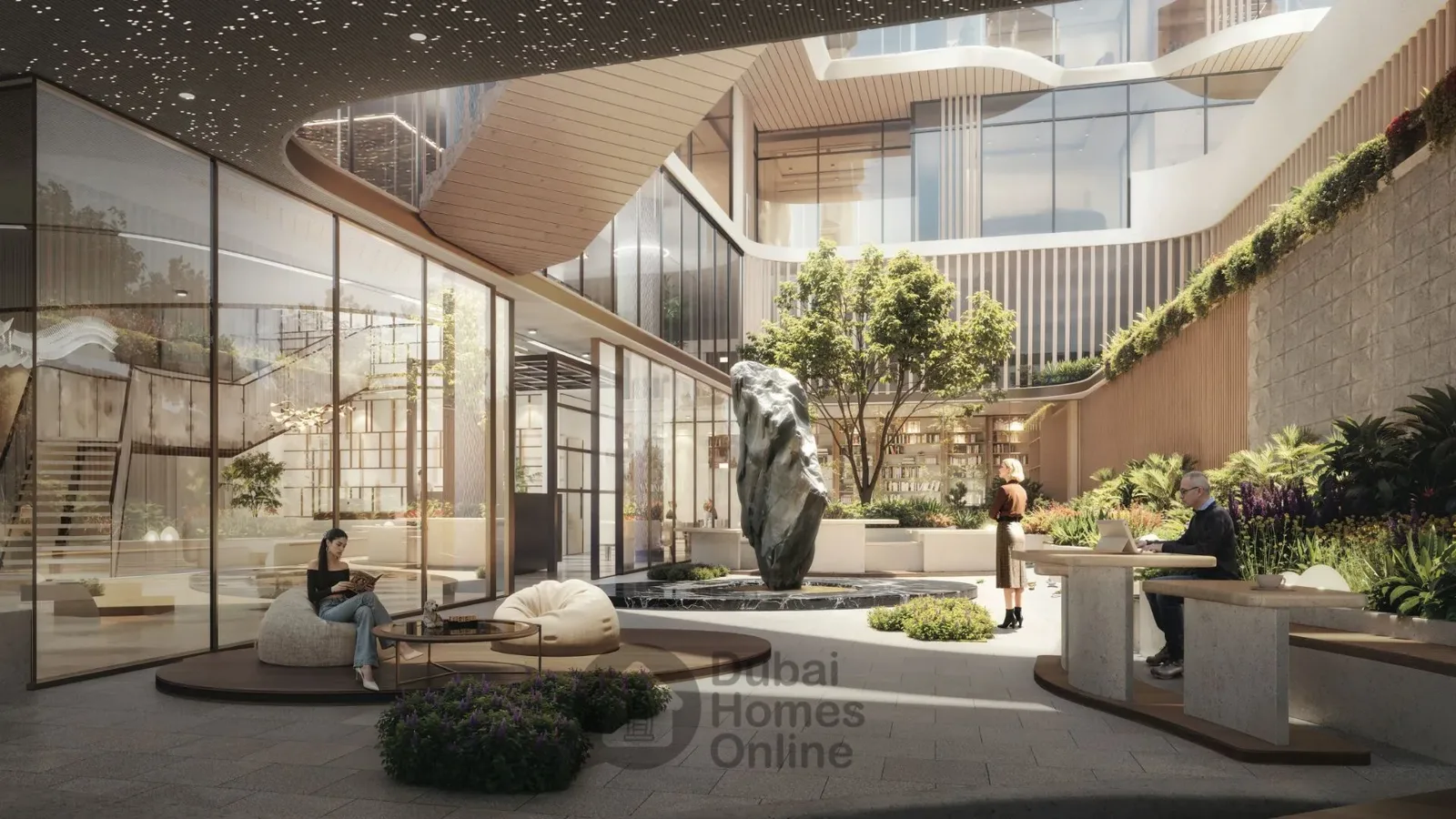 Landscaped courtyard lounge with sculpture and curved balconies
