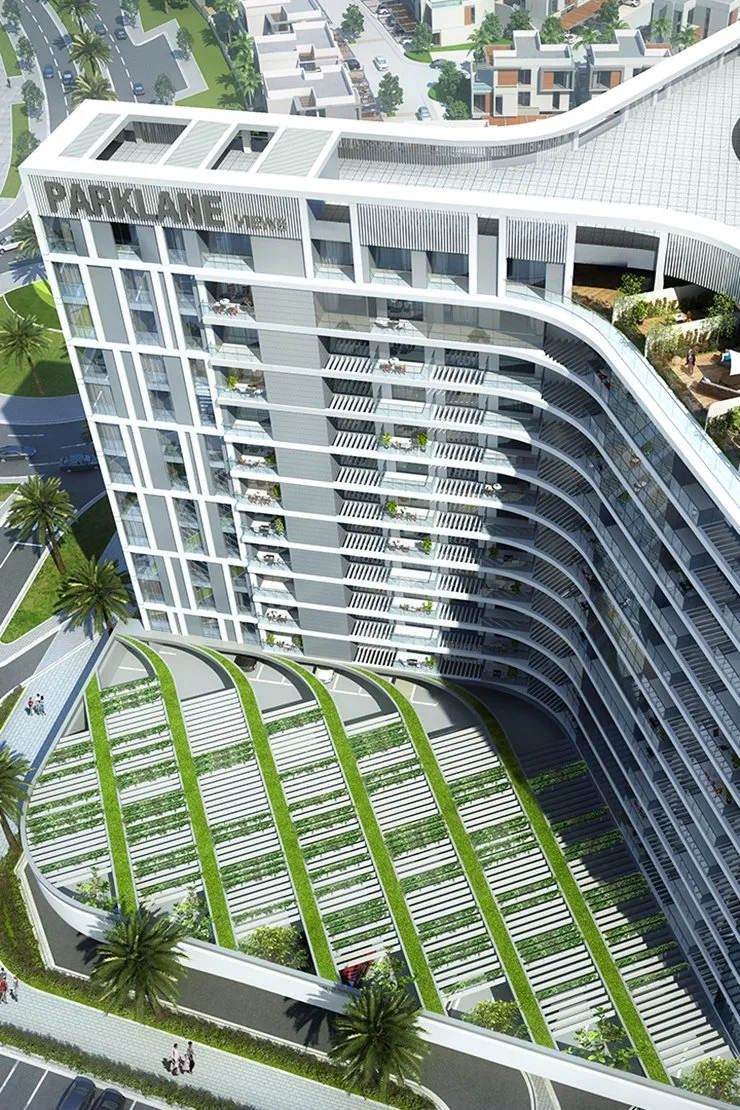 Aerial of Parklane Views with terraced podium and roof garden