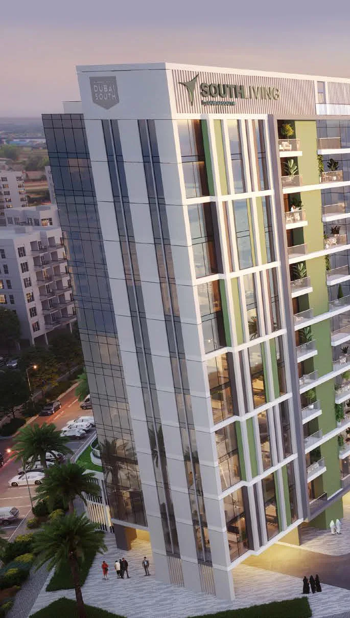 South Living tower corner at dusk, signage visible
