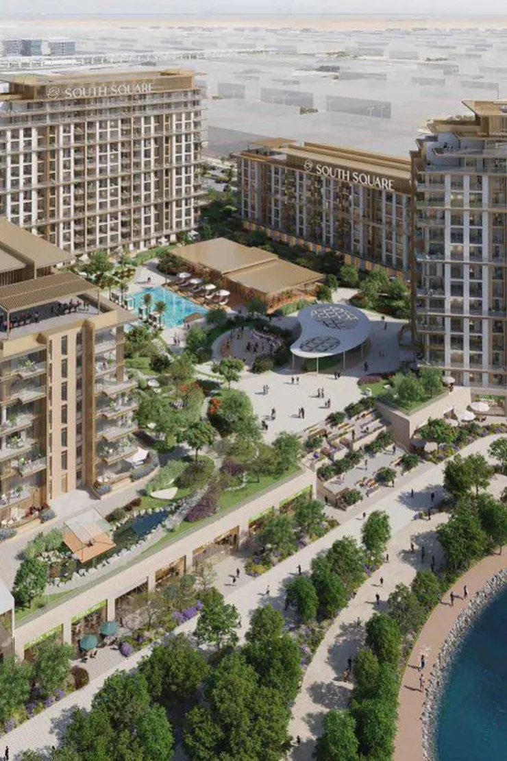 Aerial of South Square blocks, pool and podium