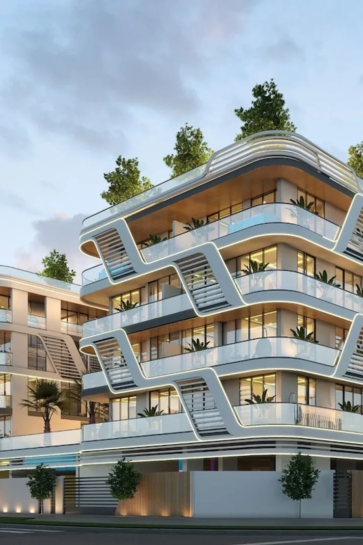 Corner view of curved balconies and stairs