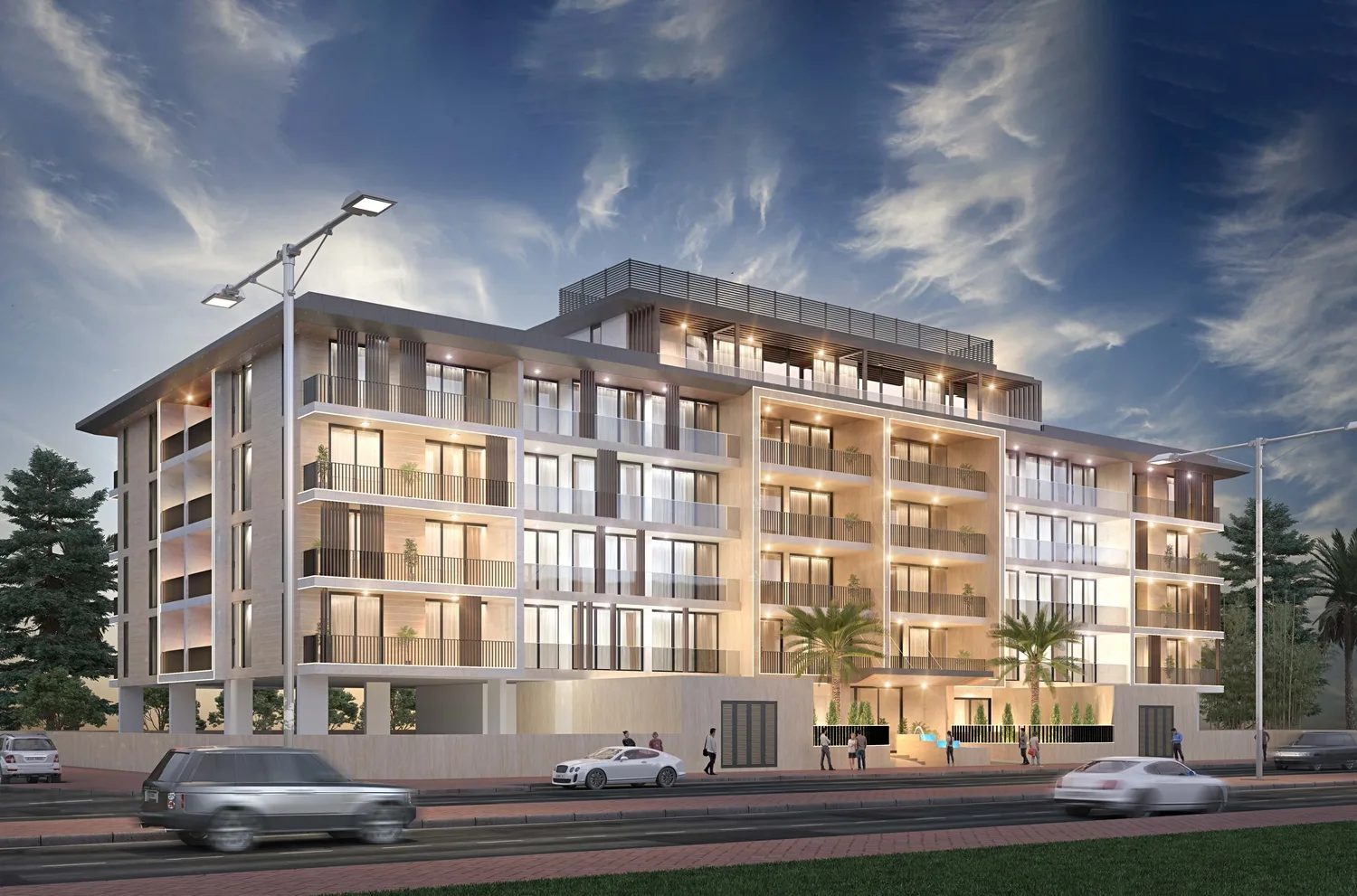 Developer render of the mid-rise building at dusk